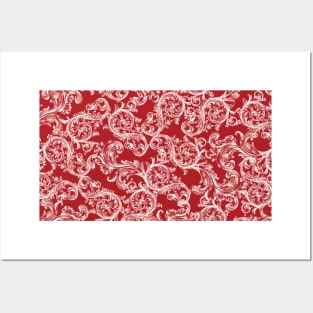 Vintage Bohemian Art Floral Pattern - Red and White Posters and Art